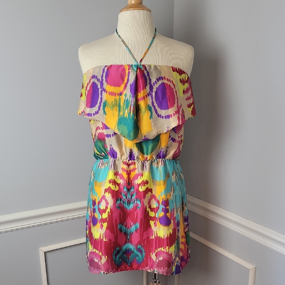 GLAM Multi-Color Southwestern Abstract Halter Strapless Casual Summer Mini Dress